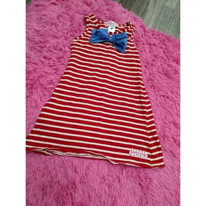 Size 7 Ruffle Girls Red, & White Striped Dress With Blue Bow Preowned